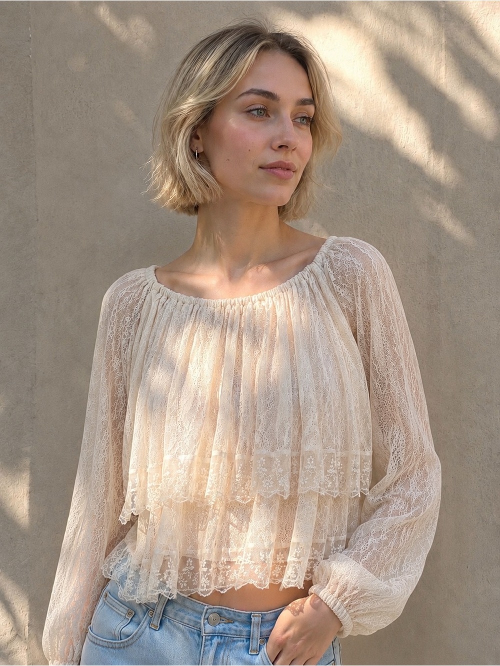 Boho Tiered Lace Blouse in Cream